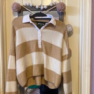 American Eagle Outfitters Women's Tan and Cream Striped Sweater